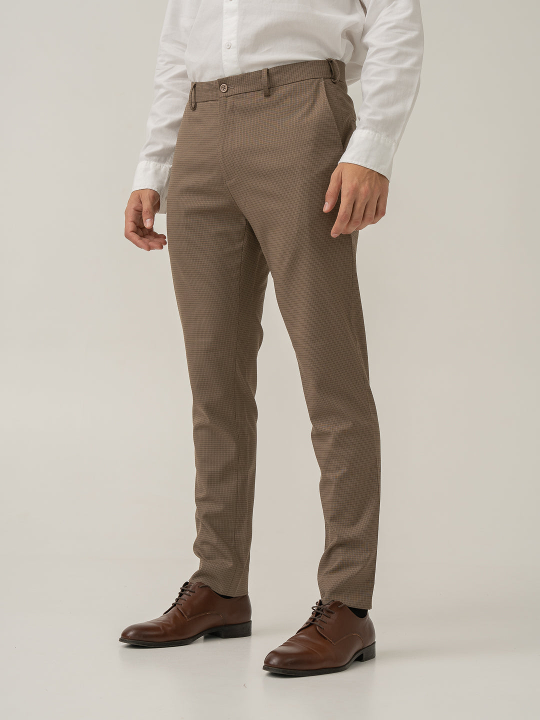 Hazel Brown Micro Checks Slim Fit Stretch Formal Pant