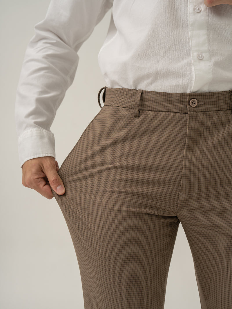 Umber Brown Micro Checks Stretch Formal Pants