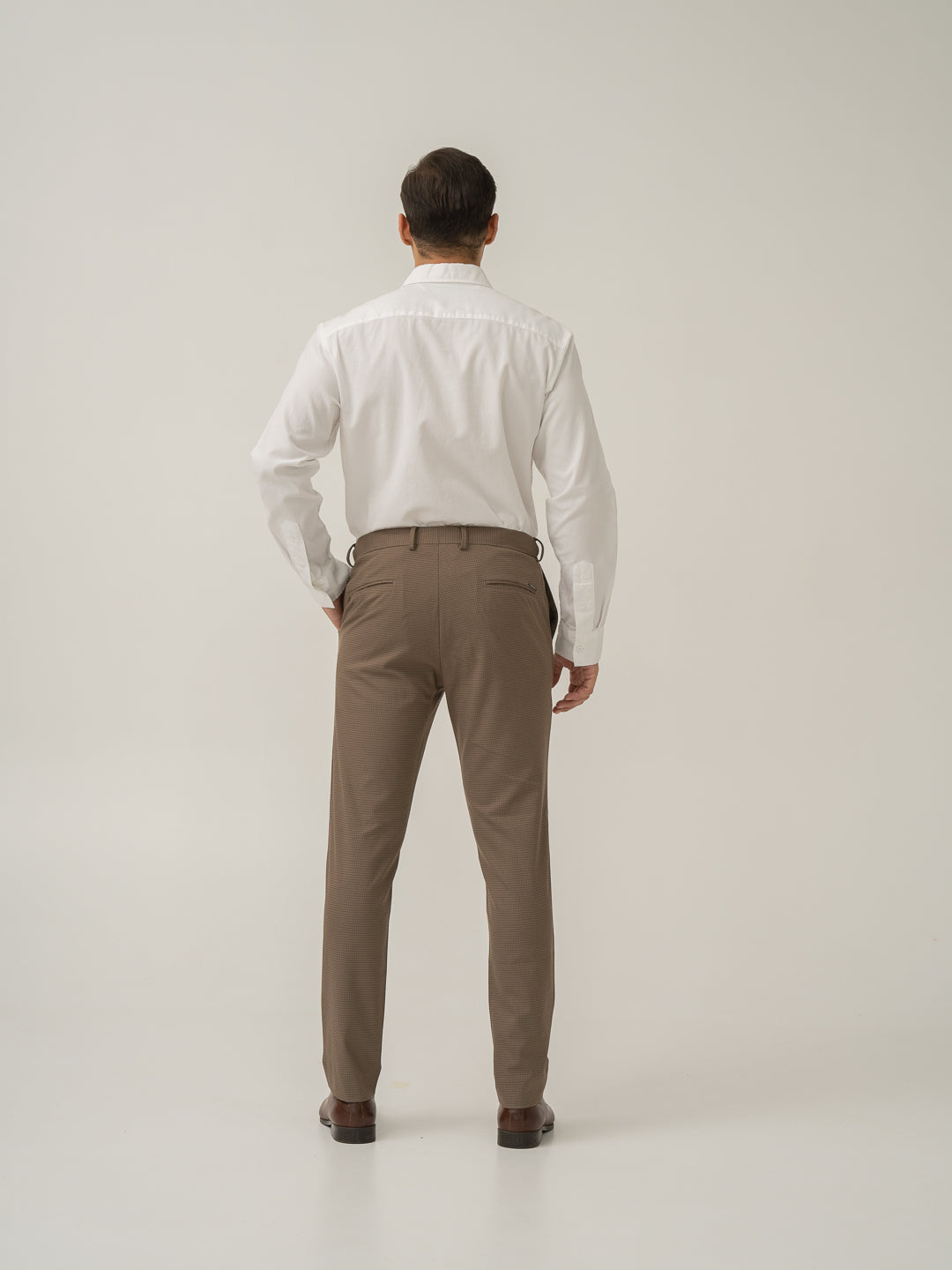 Hazel Brown Micro Checks Slim Fit Stretch Formal Pant