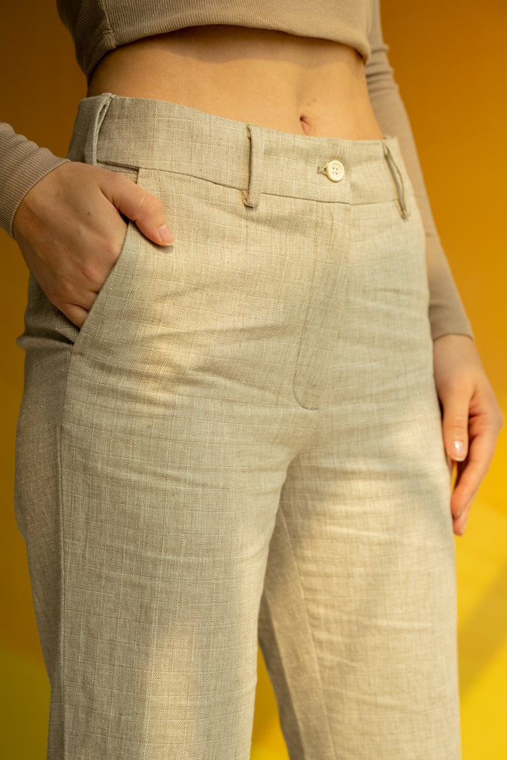 Cashew Beige Checks Linen Cotton Pants - Women