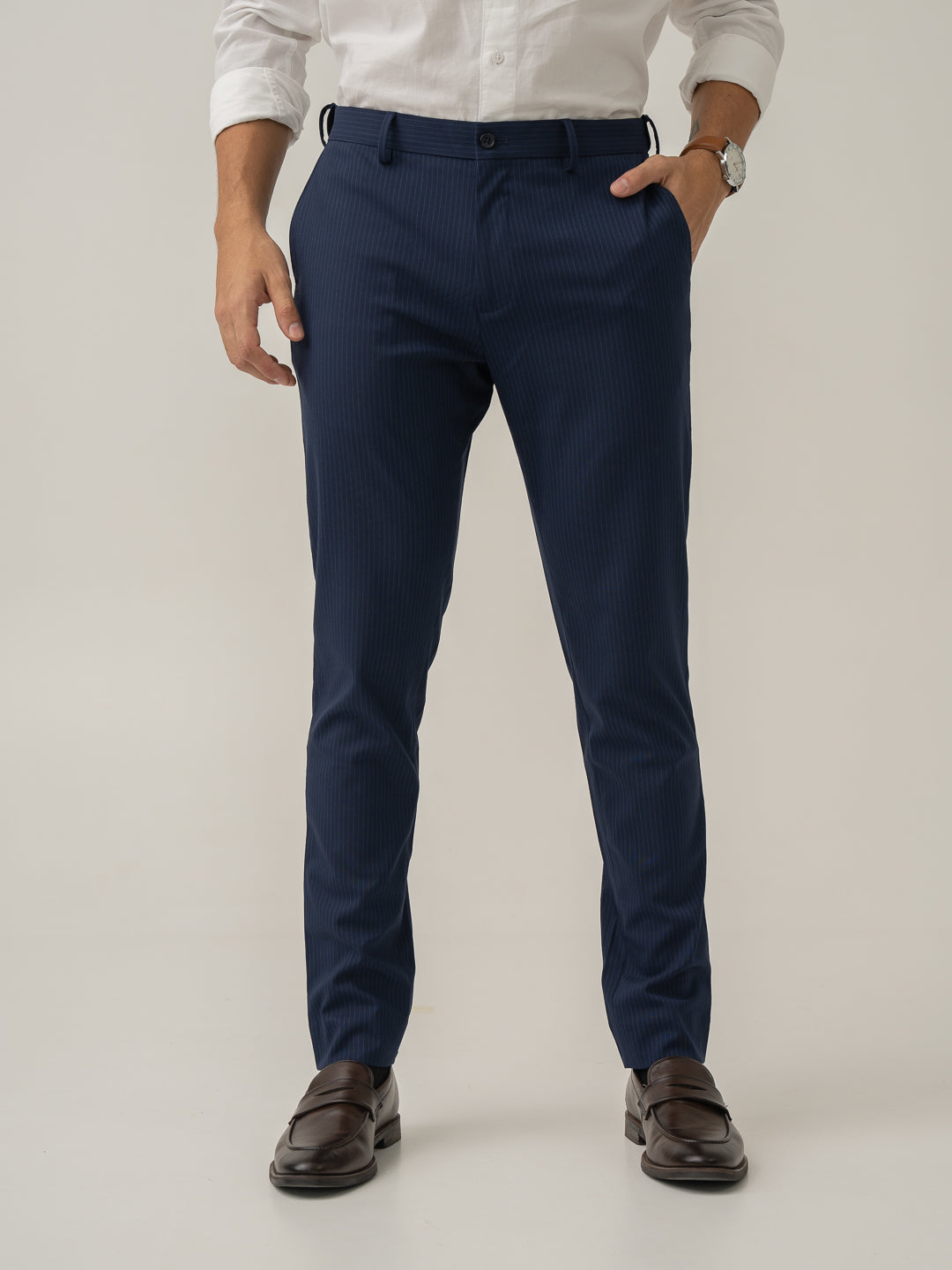 Dark Navy Stripes Slim Fit Formal Stretch Pants