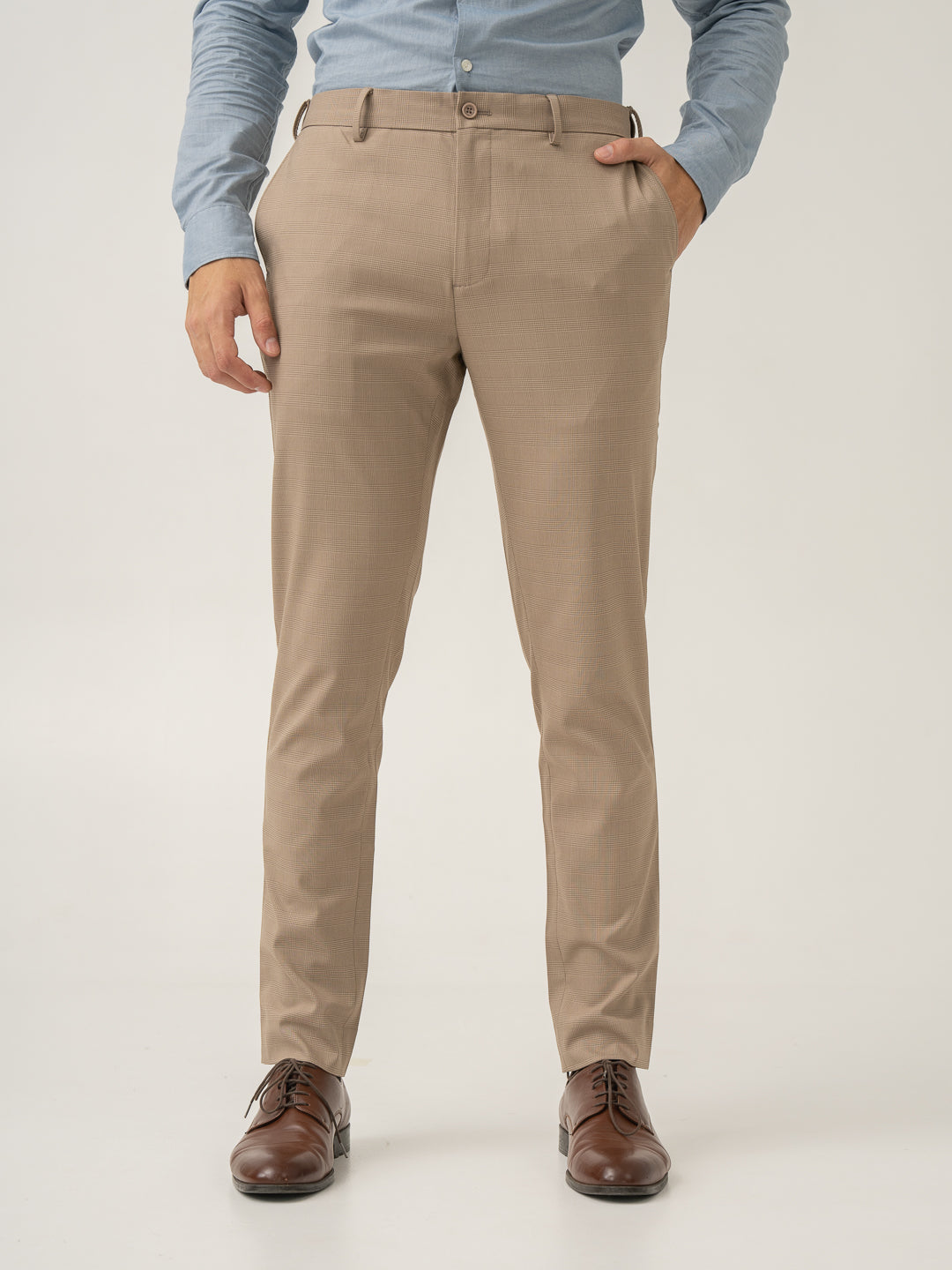 Sand Beige Checks Formal Slim Fit Stretch Pants