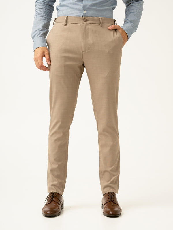 Sand Beige Checks Formal Slim Fit Stretch Pants