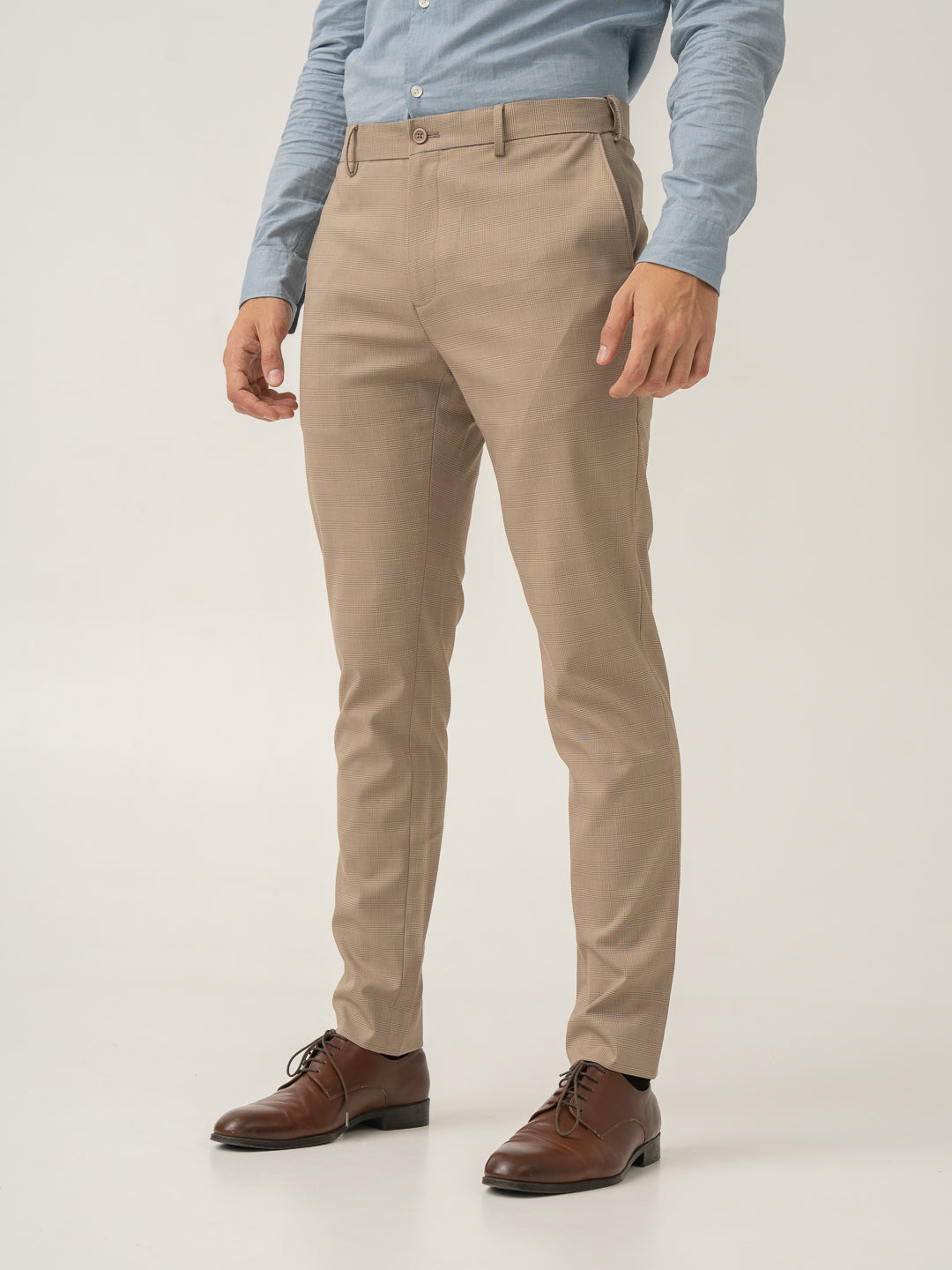 Sand Beige Checks Formal Slim Fit Stretch Pants