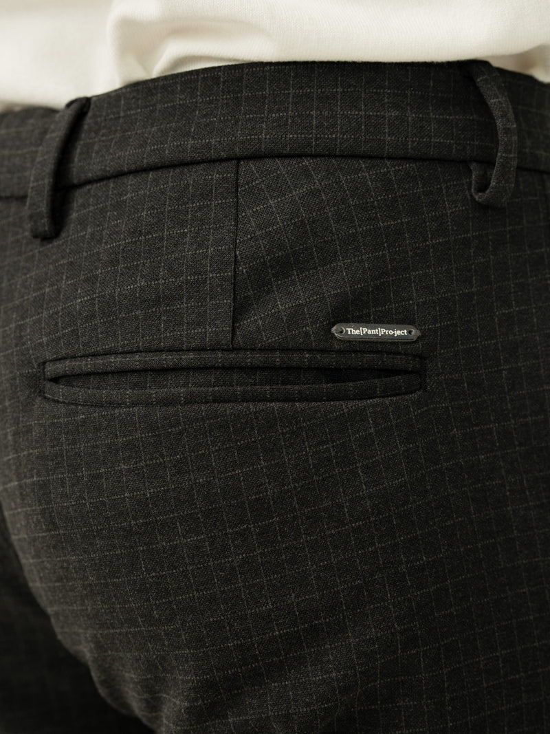 Back pocket detail of belfast black checks slim fit power stretch pant at Pant Project