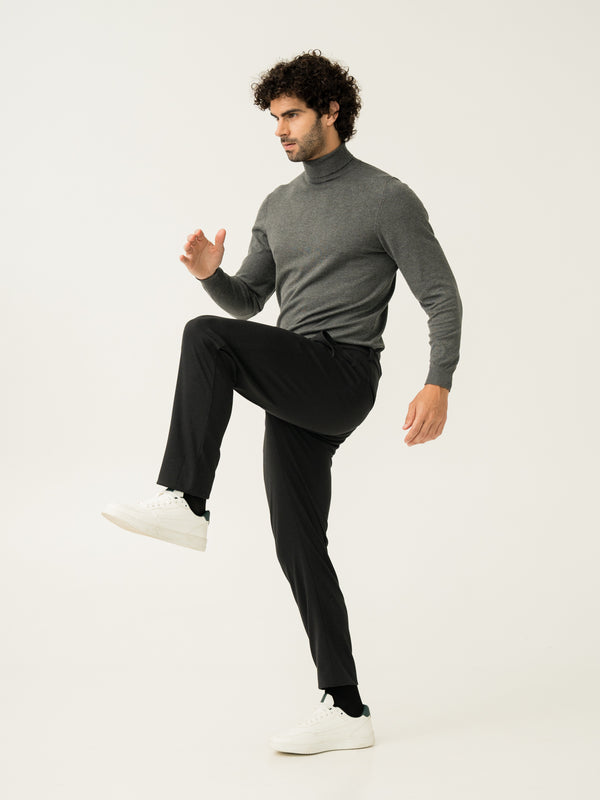 Stretchable strength of black twill structured slim power stretch pant at Pant Project
