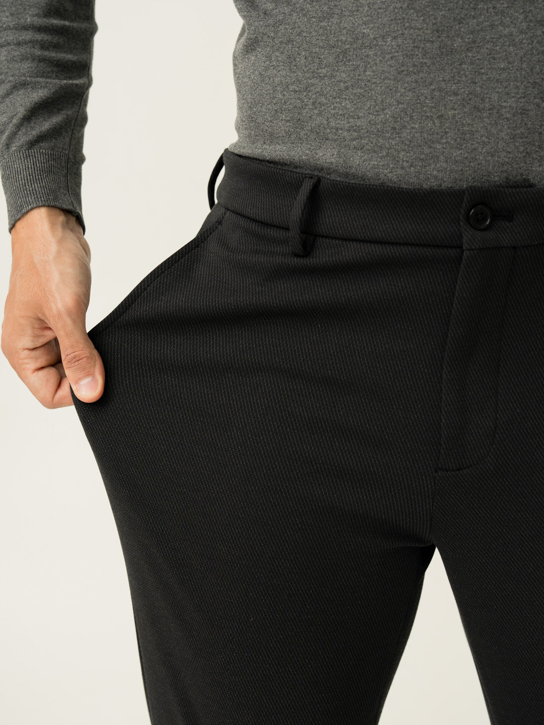 Stretch feature of black twill structured slim power stretch pant at Pant Project