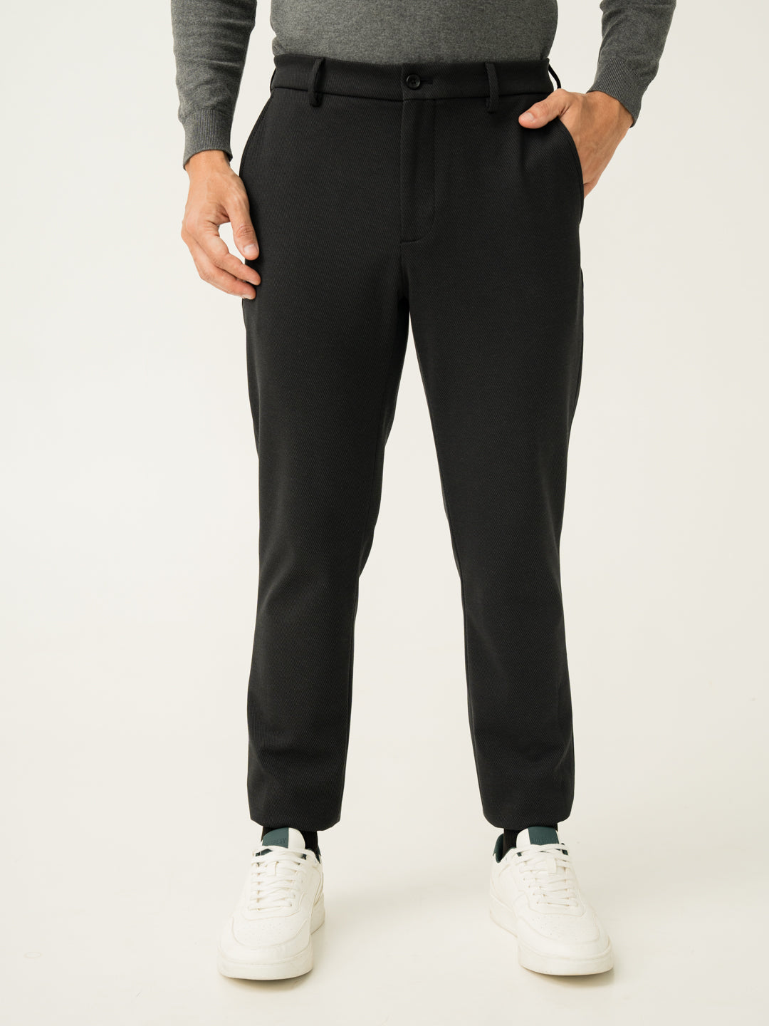 Front view of black twill structured slim power stretch pant at Pant Project