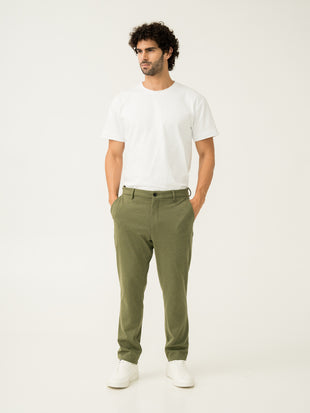 Full view of greek olive green slim fit power stretch pant at Pant Project