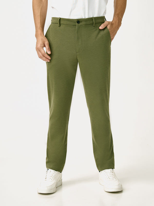 Front view of greek olive green slim fit power stretch pant at Pant Project