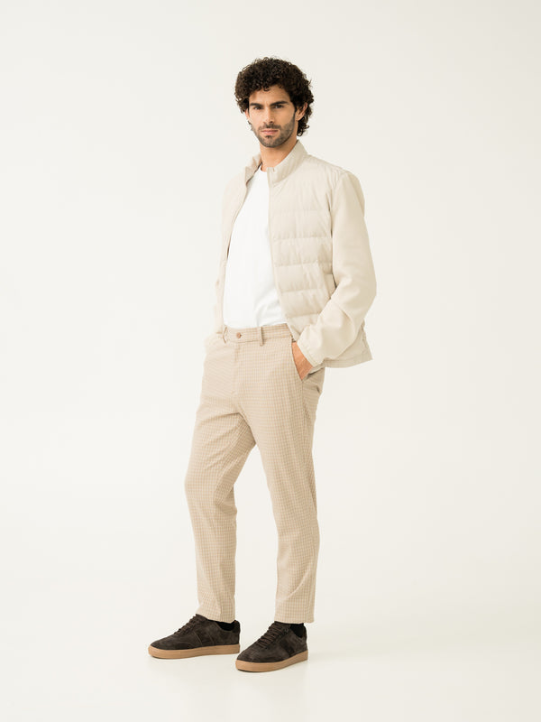 Full front view of bikaner khaki checks slim fit power stretch pant at Pant Project