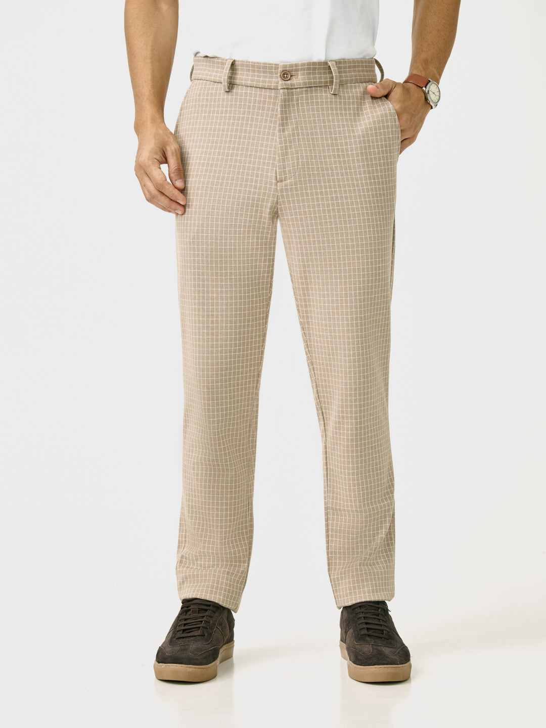 Front view of bikaner khaki checks slim fit power stretch pant at Pant Project