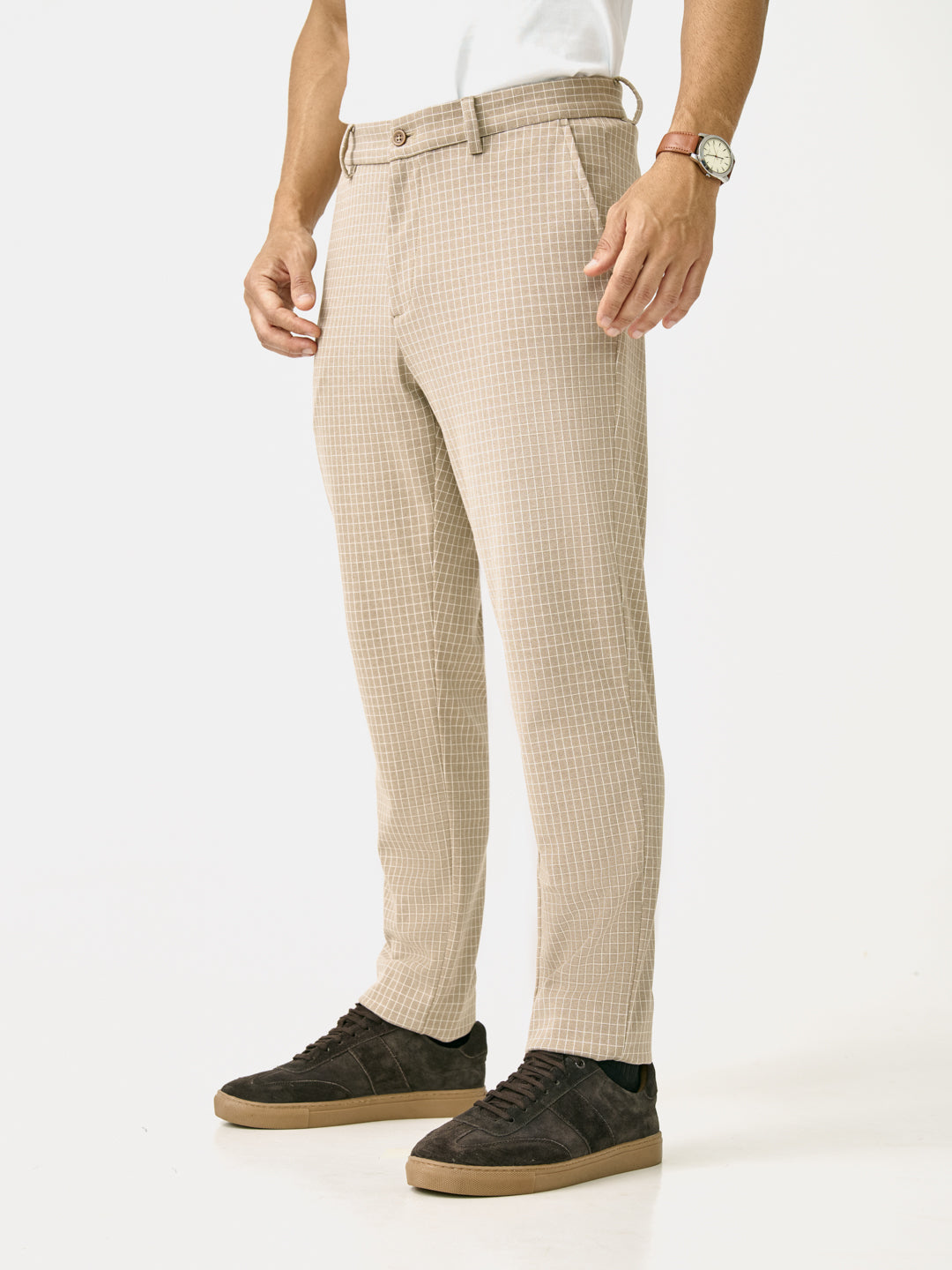 Side view of bikaner khaki checks slim fit power stretch pant at Pant Project