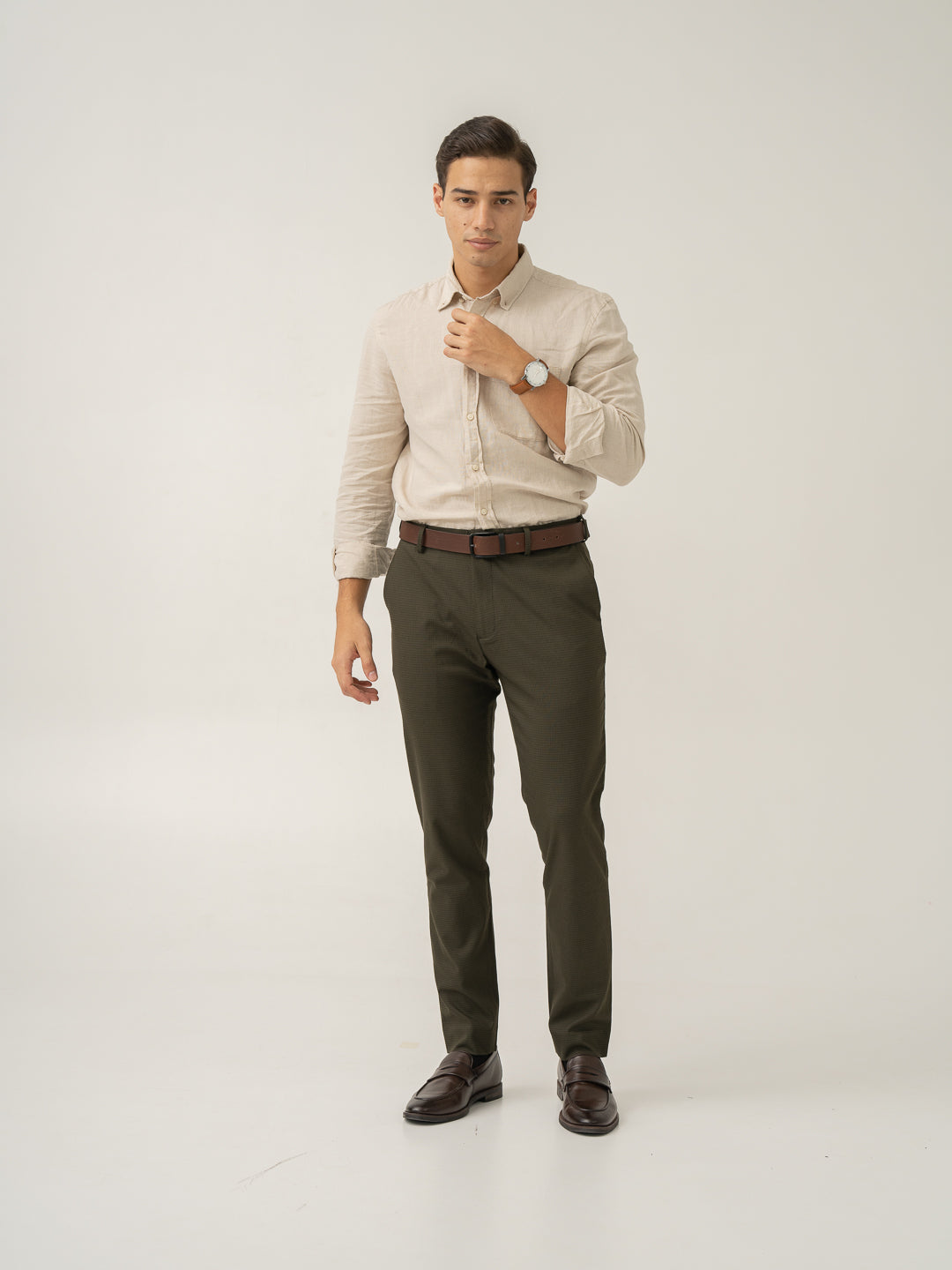 Moss Green Micro Checks Slim Fit Stretch Formal Pant