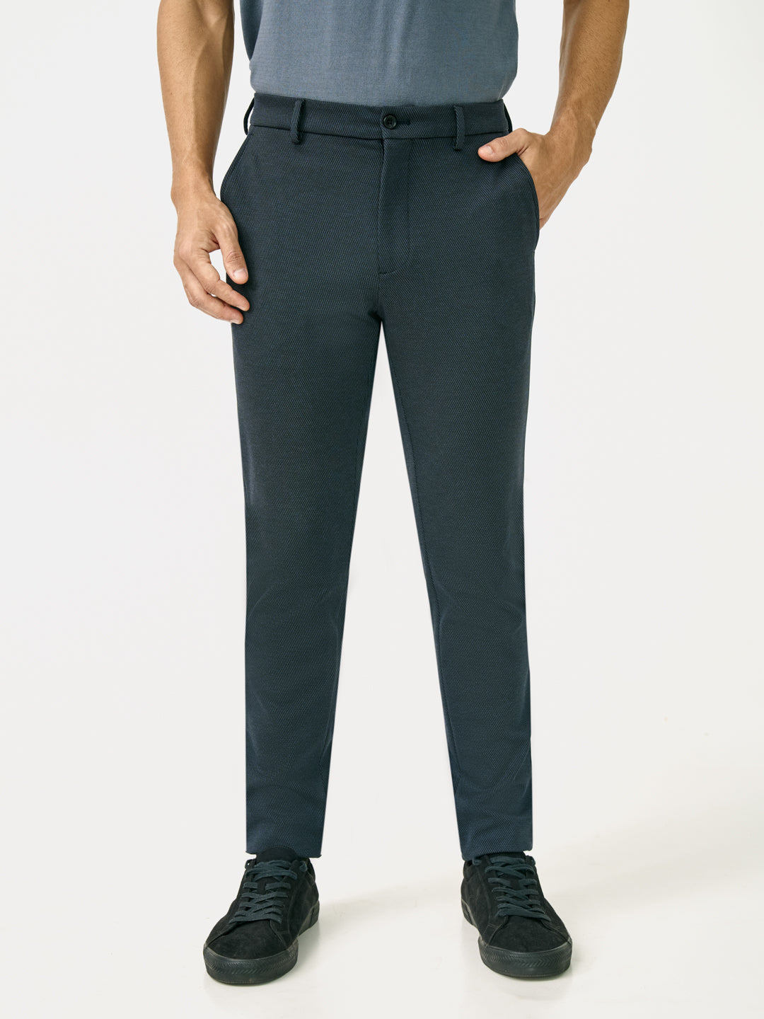 Front view of navy Twill structured slim Fit power stretch pant at Pant Project