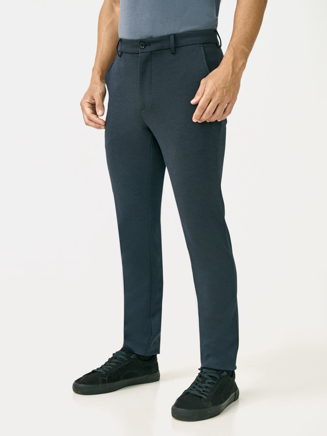 Side view of navy Twill structured slim Fit power stretch pant at Pant Project