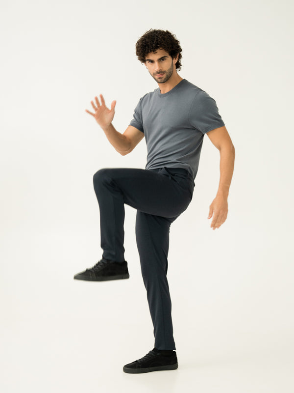 Stretchable strength of navy Twill structured slim Fit power stretch pant at Pant Project