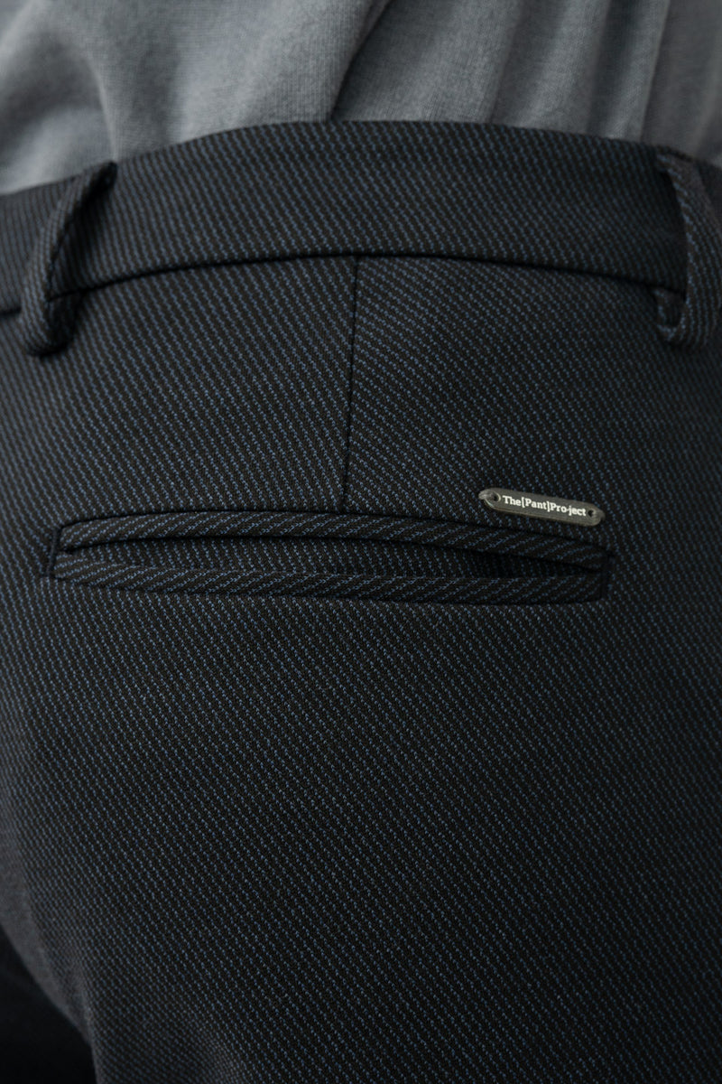 Back pocket detail of navy Twill structured slim Fit power stretch pant at Pant Project