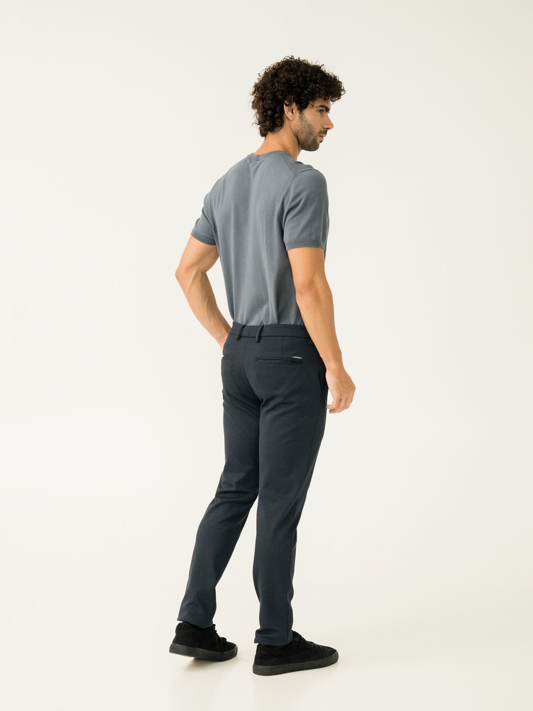 Full length back view of navy Twill structured slim Fit power stretch pant at Pant Project