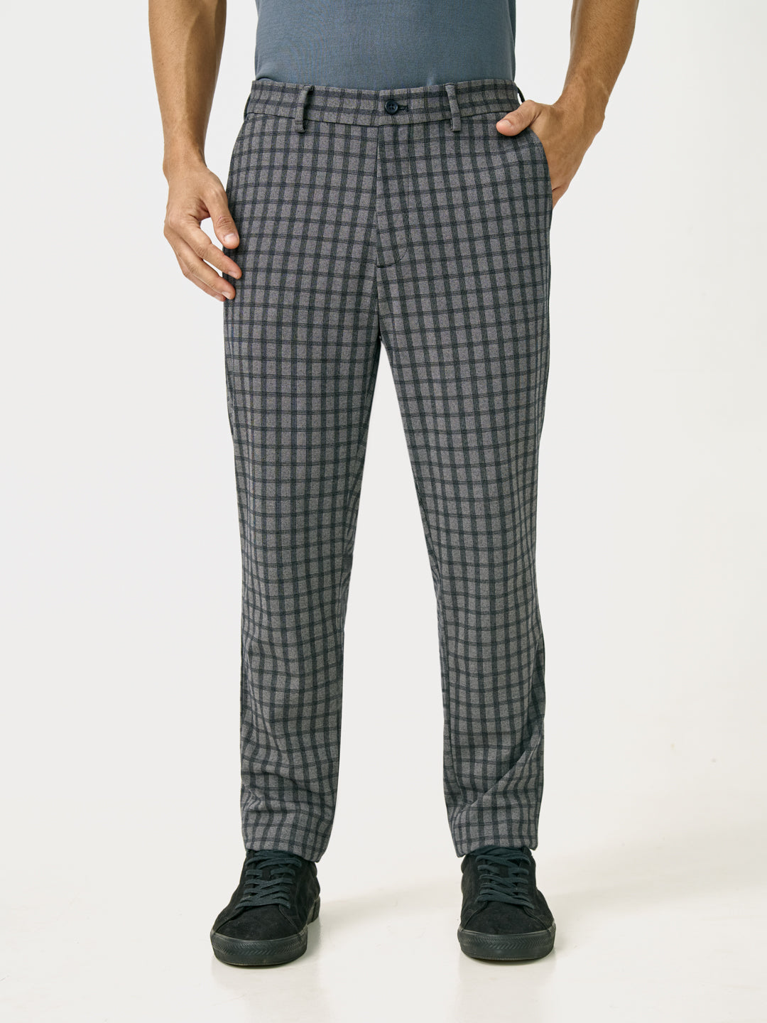 Front view of crow black checks slim fit power stretch pant at Pant Project
