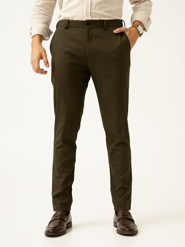 Moss Green Micro Checks Slim Fit Stretch Formal Pant