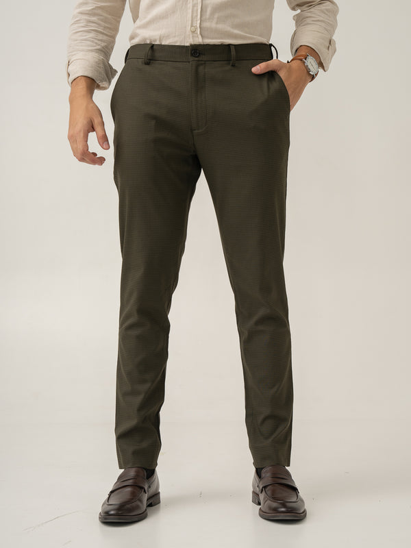 Moss Green Micro Checks Slim Fit Stretch Formal Pant