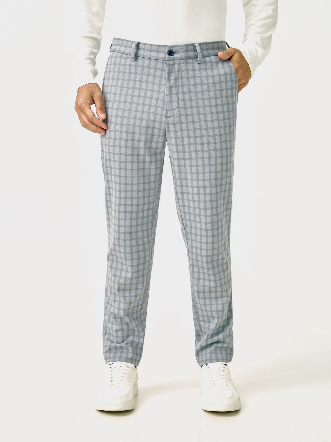 Front view of daytona grey checks slim fit power stretch pant at Pant Project