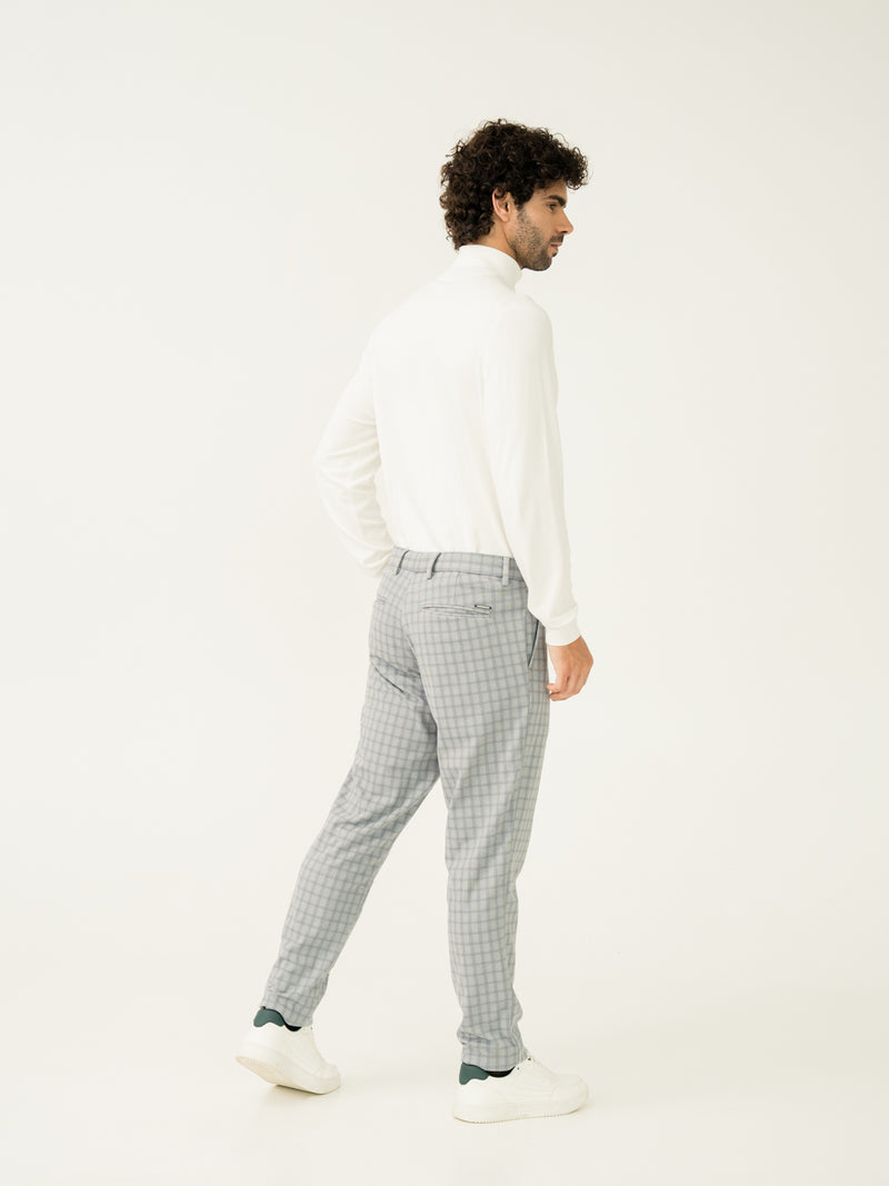 Full length back view of daytona grey checks slim fit power stretch pant at Pant Project