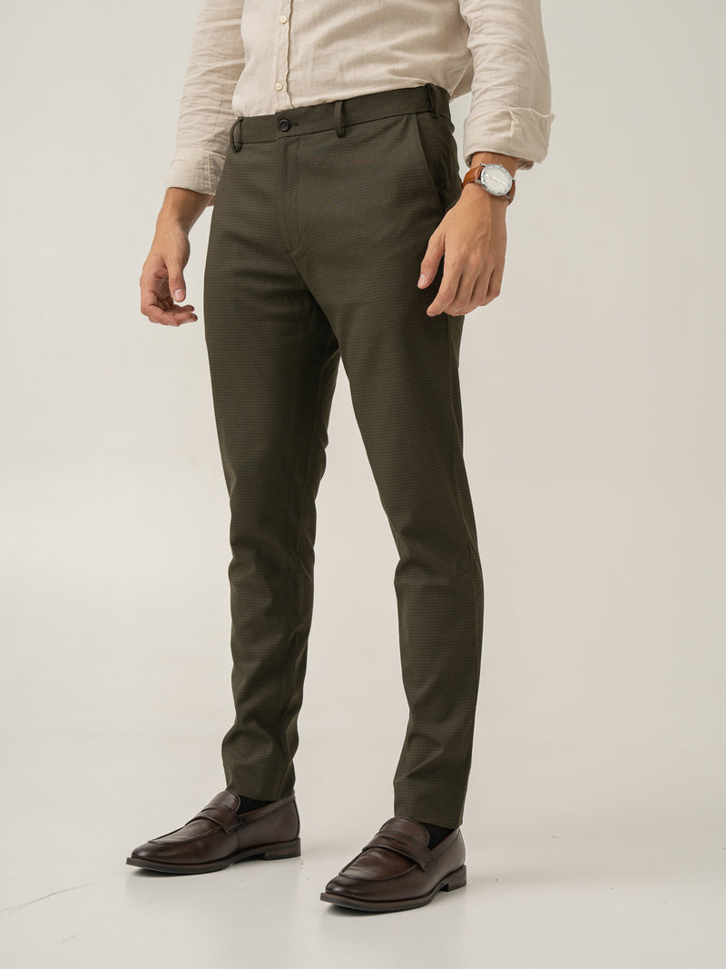 Moss Green Micro Checks Slim Fit Stretch Formal Pant