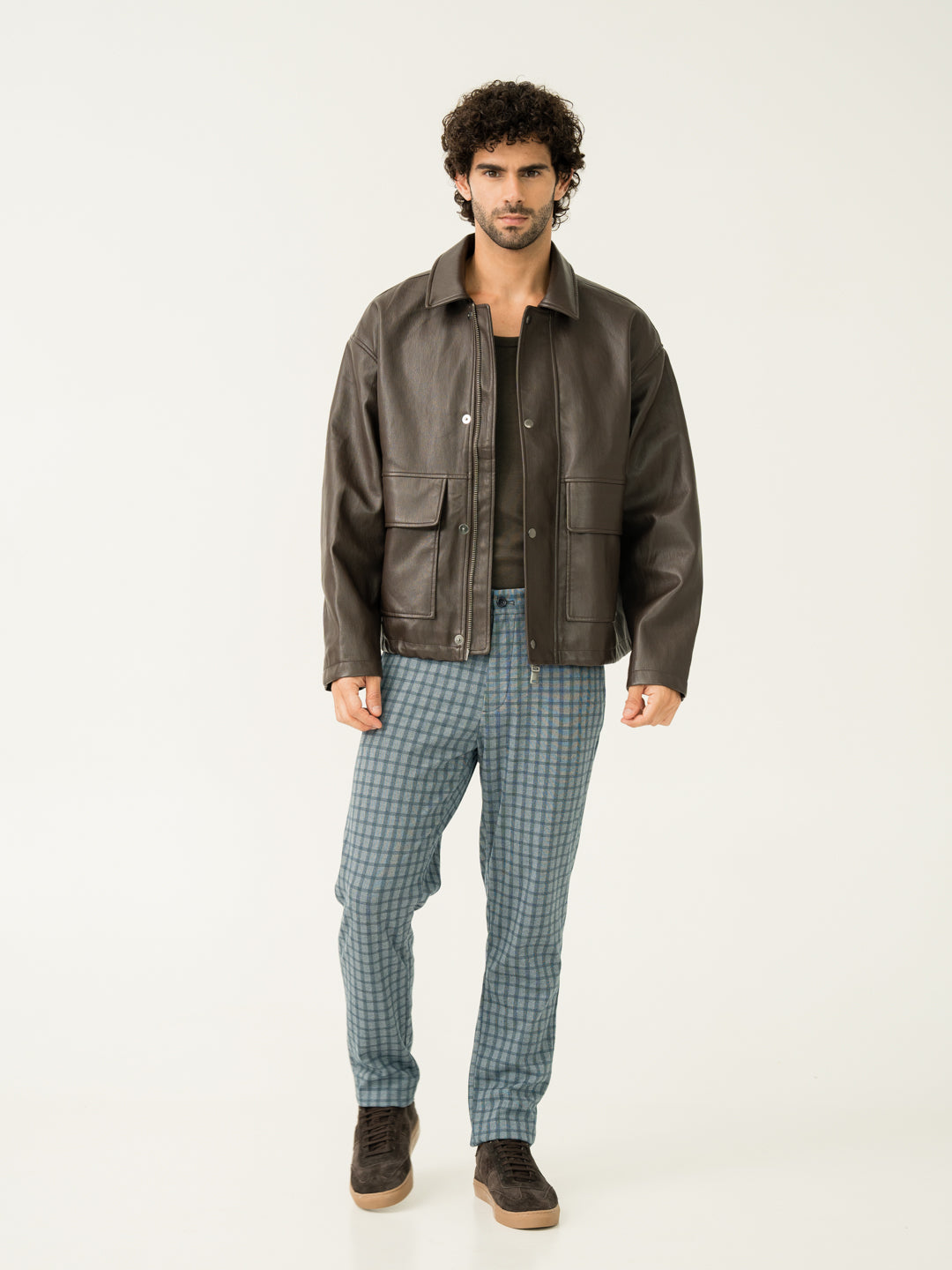 Full view of ripple blue checks slim fit power stretch pant at Pant Project