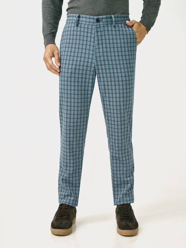 Front view of ripple blue checks slim fit power stretch pant at Pant Project