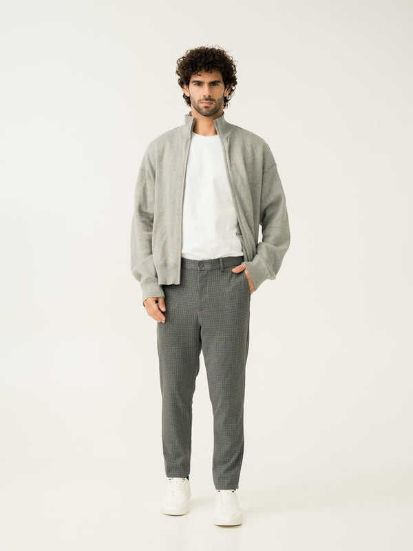 Full view of medium grey checks slim fit power stretch pant at Pant Project