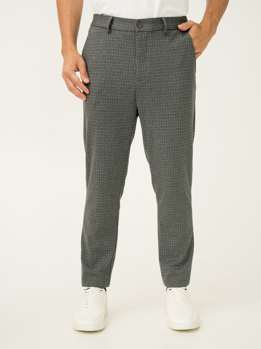 Medium Grey Checks Slim Fit Power Stretch Pants