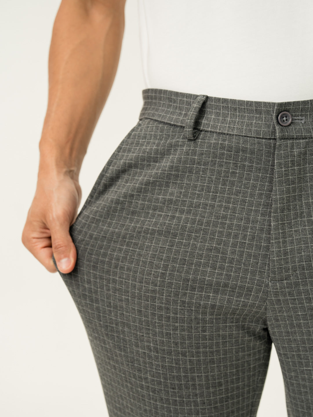 Medium Grey Checks Slim Fit Power Stretch Pants