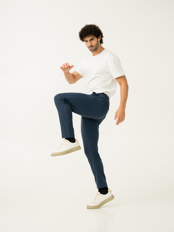 Medium Blue Checks Slim Fit Power Stretch Pants