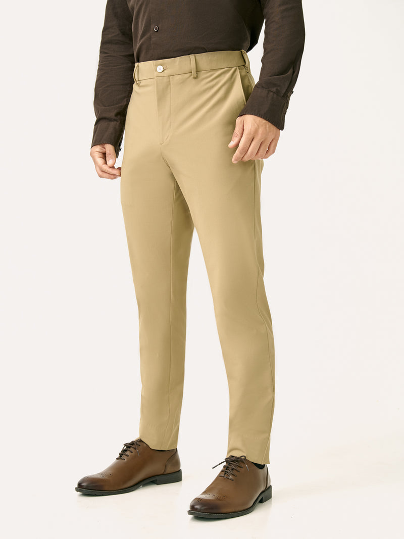 Side front view of somewhere khaki slim fit stretch formal pant at Pant Project