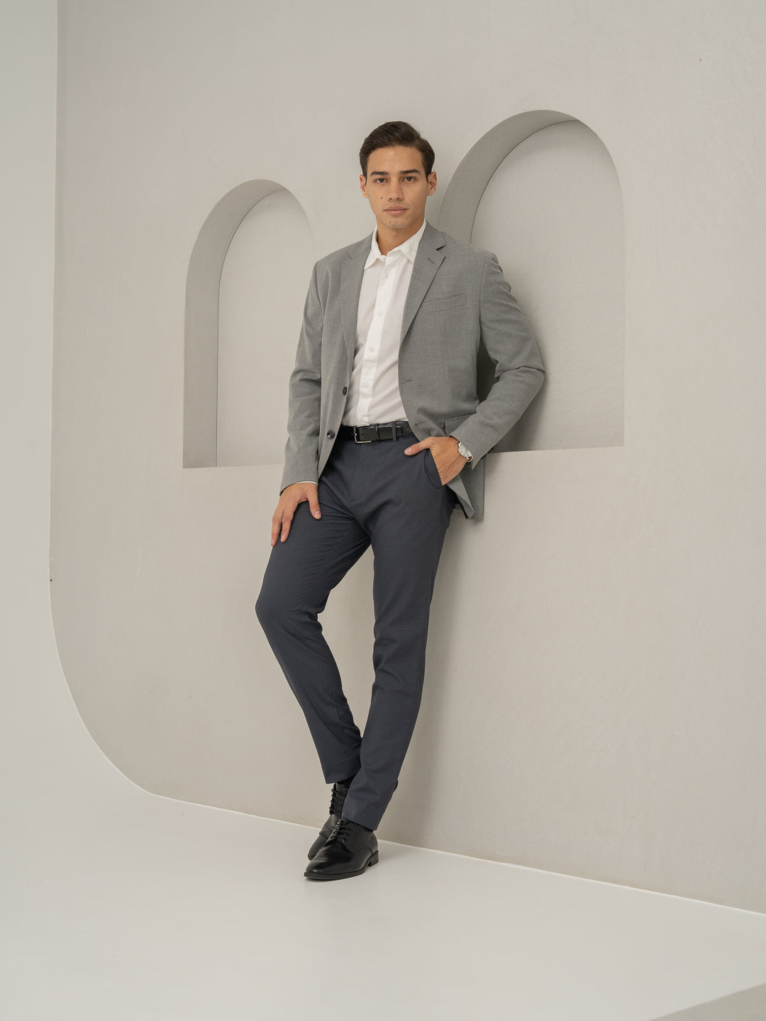 Gunmetal Grey Micro Checks Slim Fit Stretch Formal Pant