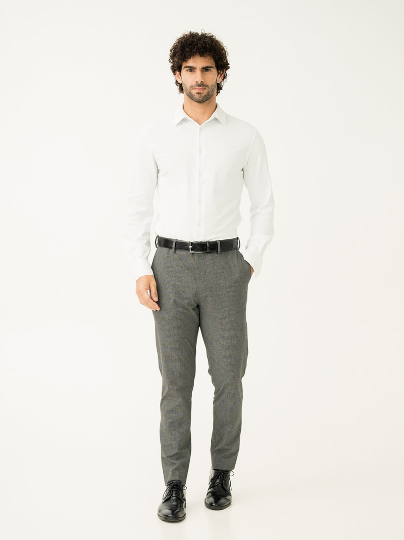 Full view of black & white micro check slim fit stretch formal pant at Pant Project