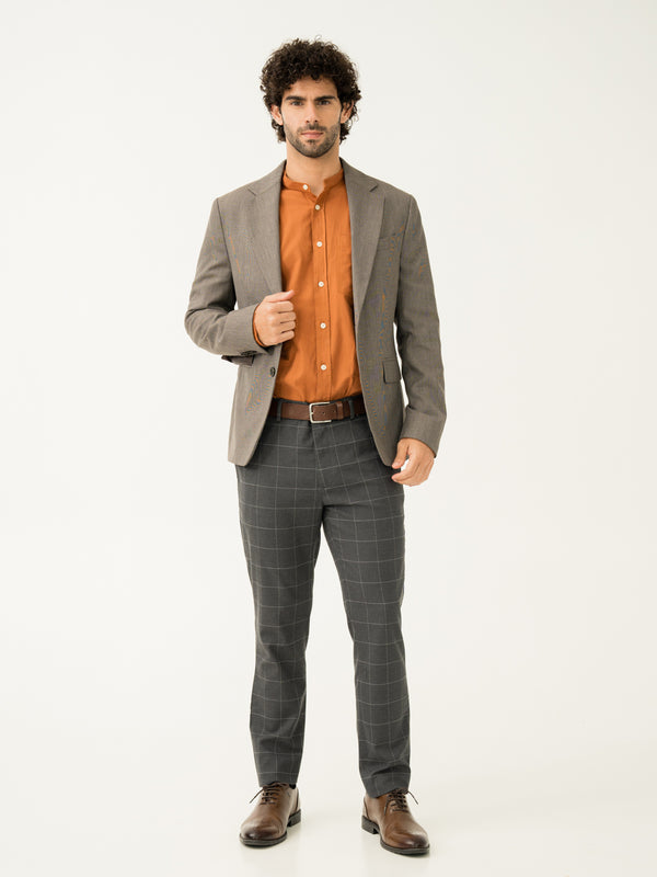 Full view of coal windowpane check slim fit stretch formal pant at Pant Project