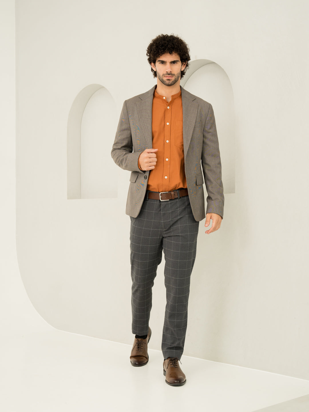 Full front view of coal windowpane check slim fit stretch formal pant at Pant Project