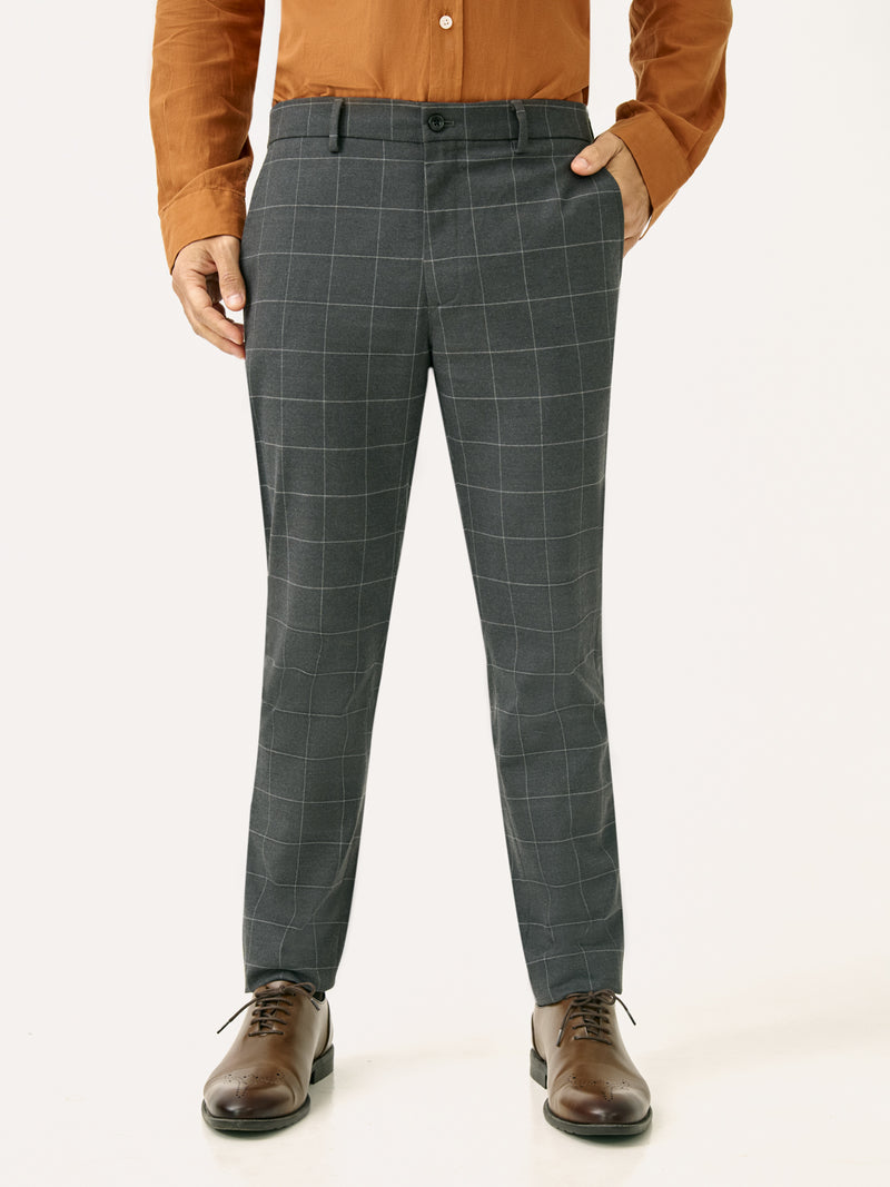 Front view of coal windowpane check slim fit stretch formal pant at Pant Project