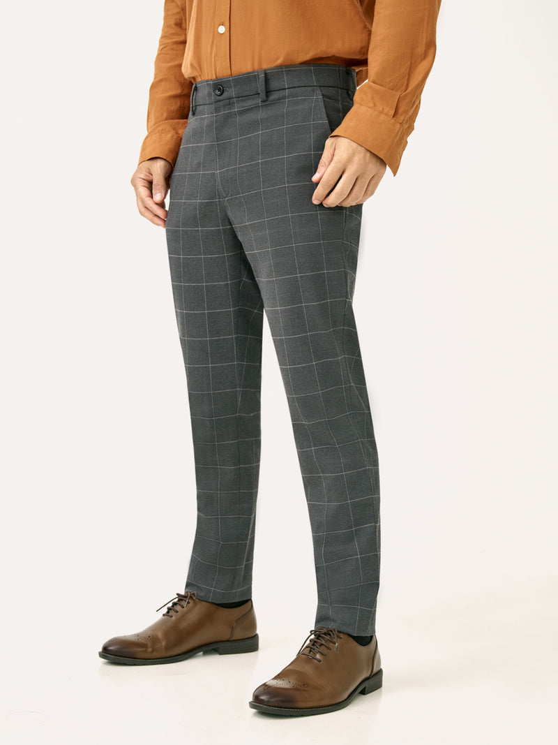 Side view of coal windowpane check slim fit stretch formal pant at Pant Project