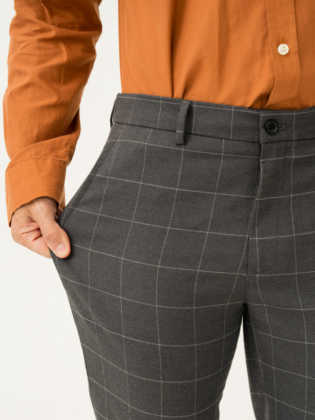 Stretch feature of coal windowpane check slim fit stretch formal pant at Pant Project