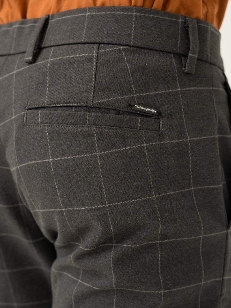 Back pocket detail of coal windowpane check slim fit stretch formal pant at Pant Project