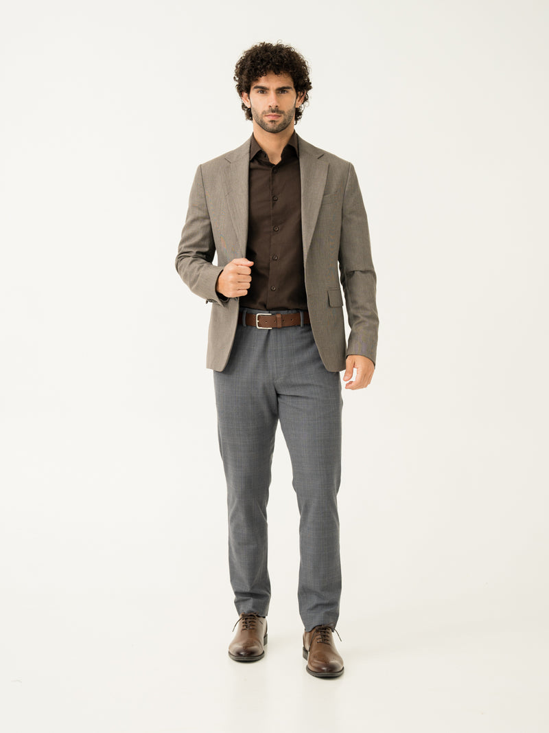 Full view of blue grey checkered slim fit stretch formal Pant at Pant Project