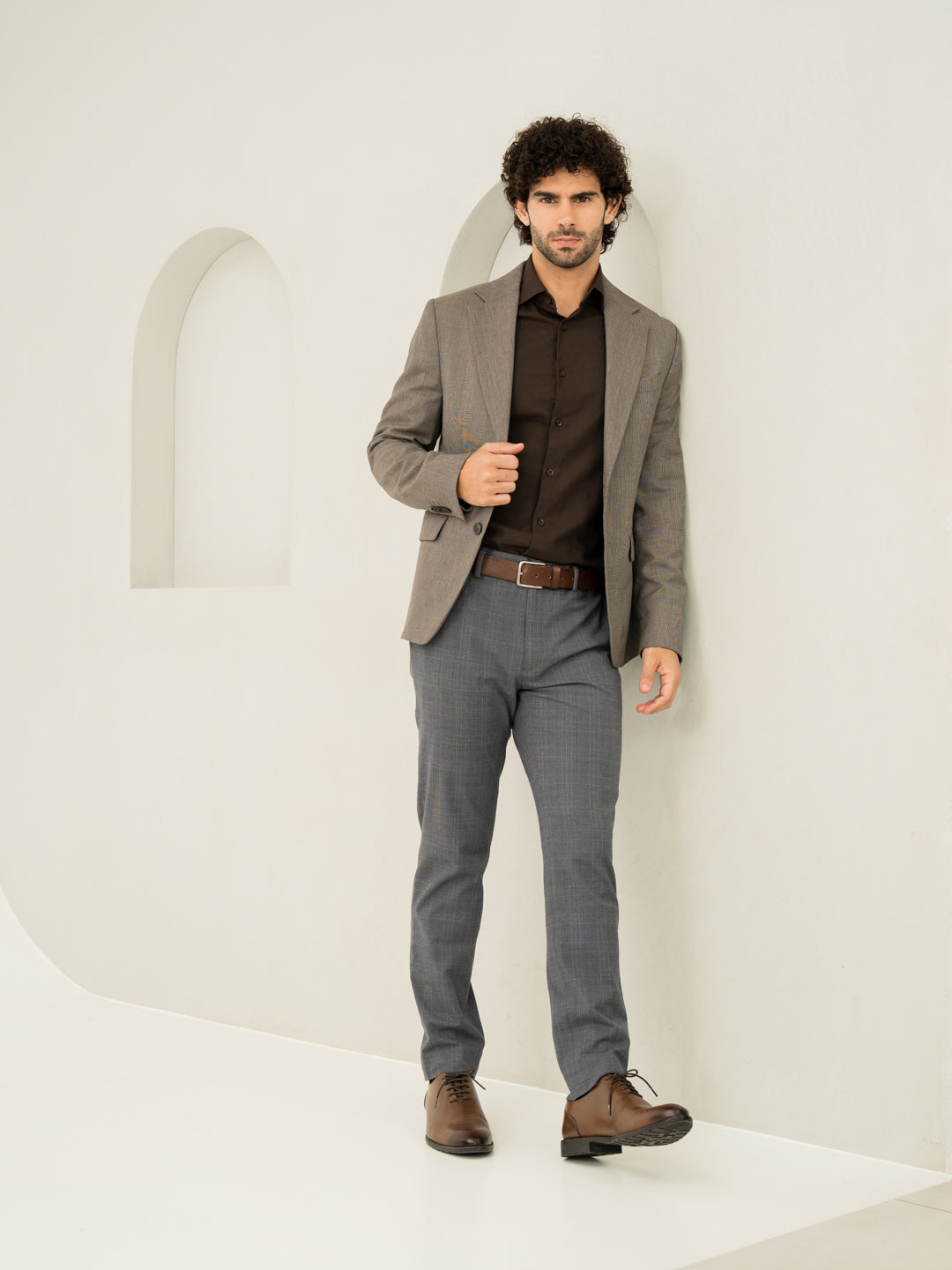 Full front view of blue grey checkered slim fit stretch formal Pant at Pant Project