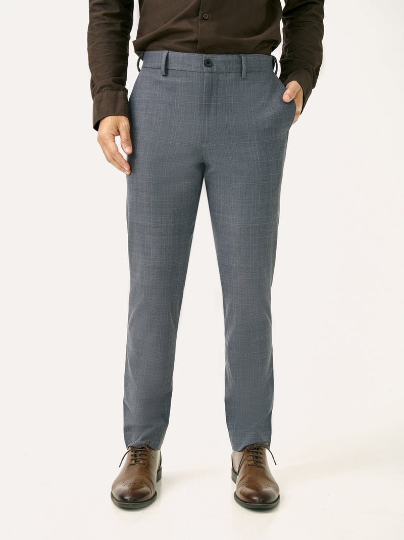 Front view of blue grey checkered slim fit stretch formal Pant at Pant Project