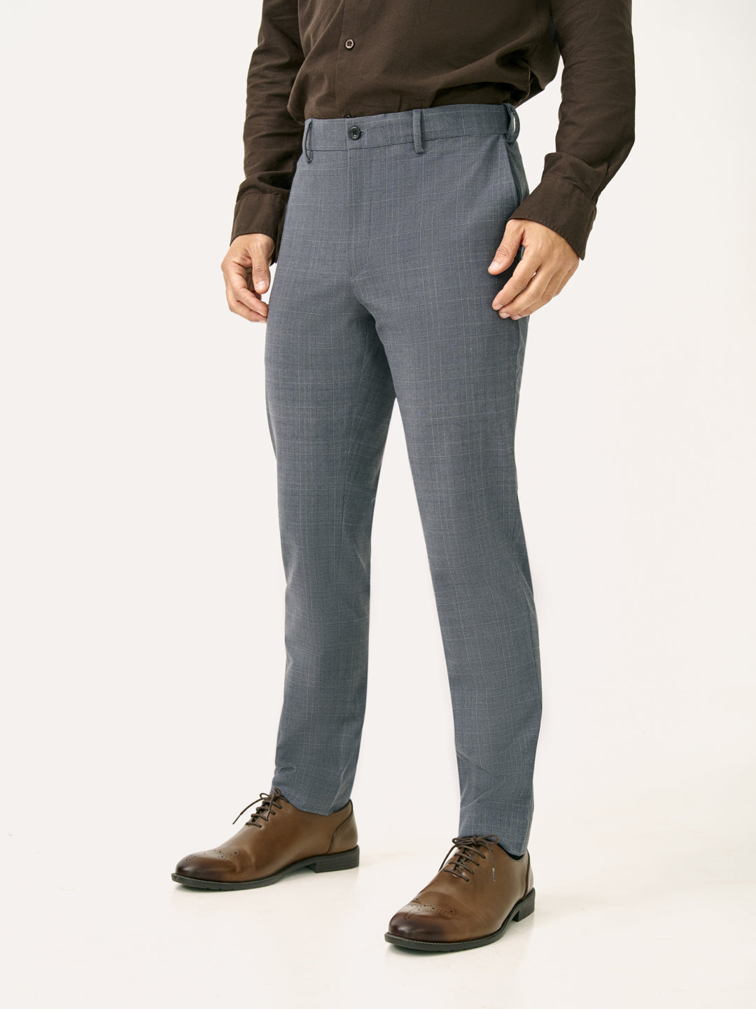 Side view of blue grey checkered slim fit stretch formal Pant at Pant Project