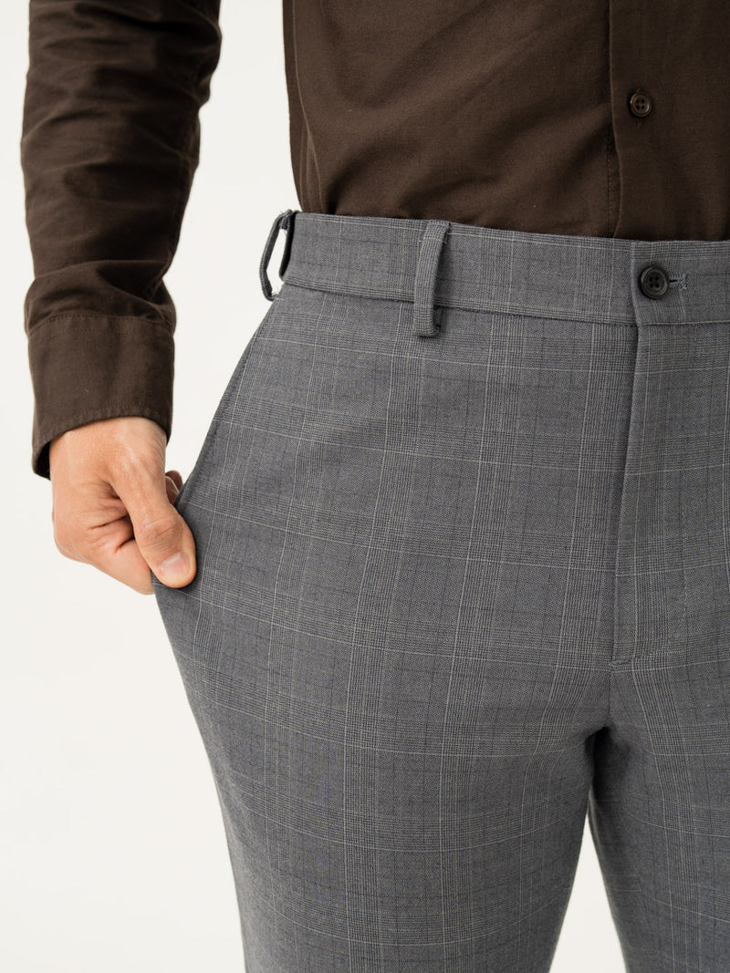 Stretch feature of blue grey checkered slim fit stretch formal Pant at Pant Project