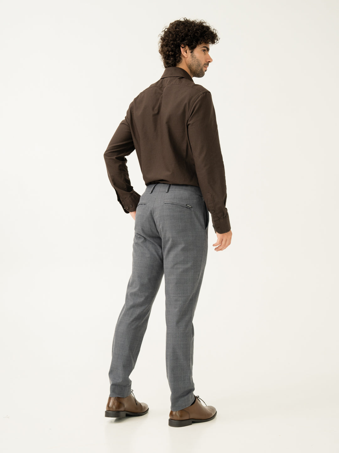 Side back view of blue grey checkered slim fit stretch formal Pant at Pant Project